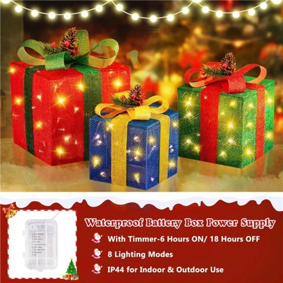 XL Set of 3 LED Lighted Christmas Gift Boxes, Indoor/Outdoor, Timer + 8 Modes - Picture 5 of 6